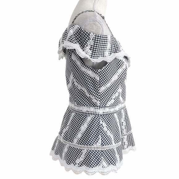 ADELYN RAE BLACK WHITE GINGHAM EMBROIDERED COLD SHOULDER PEPLUM TOP - S - Picture 2 of 9